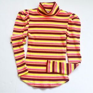 2/25 Maeve Anthropologie Retro Too Shirt Puff Sleeve Ribbed Stripe Neon
